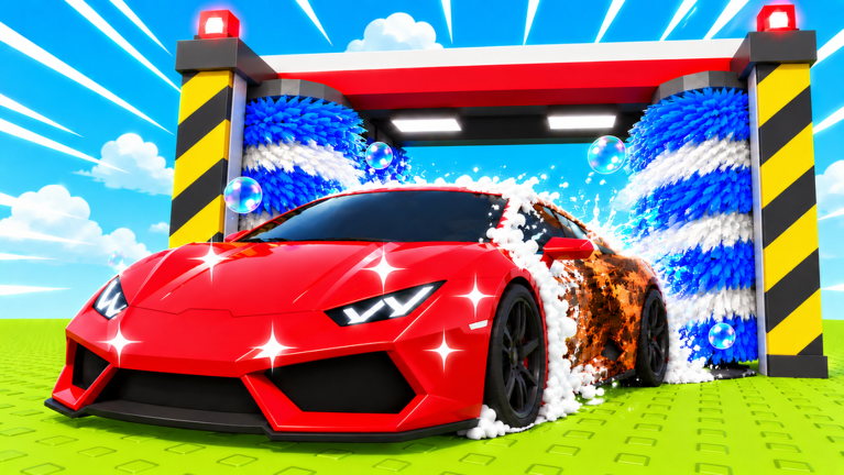 A red sports car, half covered in mud and half sparkling clean, driving through a car wash tunnel with spinning blue brushes and soap bubbles.